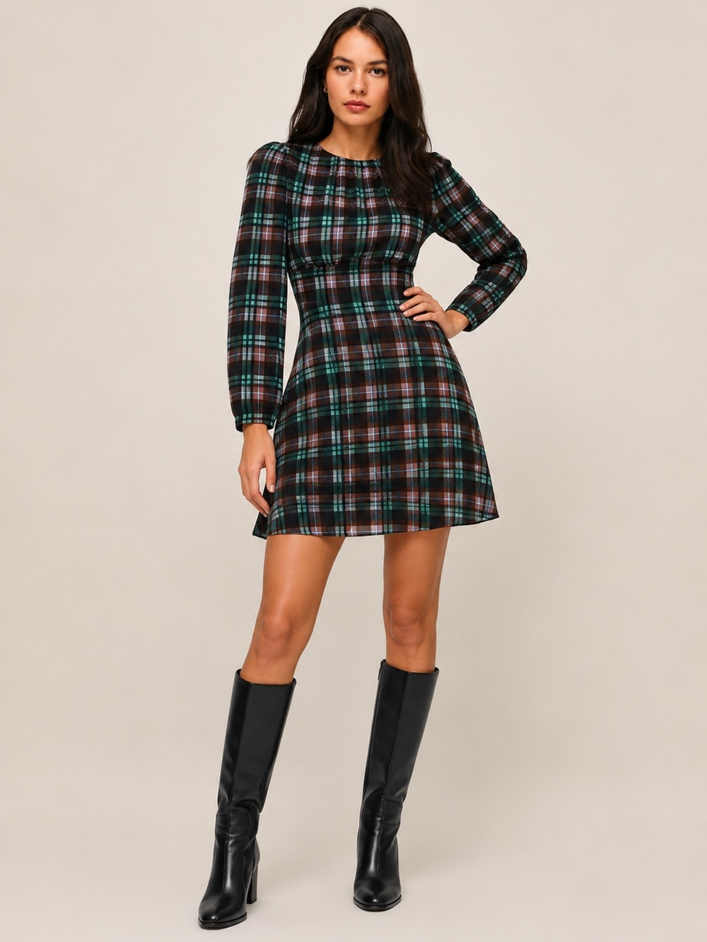 Reformation Black and Teal Plaid Long-Sleeve Fit & Flare mini Dress